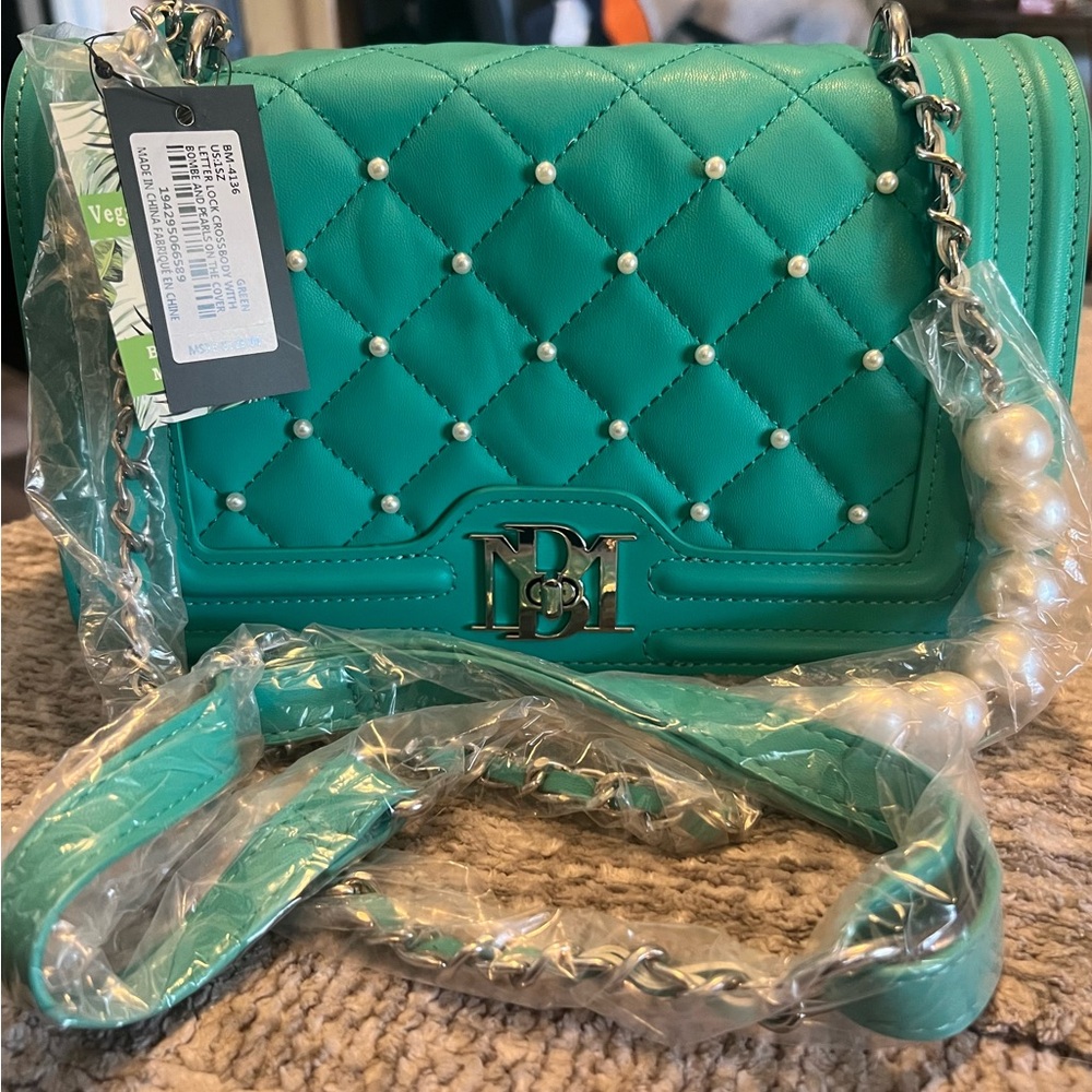 Badgley Mischka Teal Quilted Crossbody Bag with Pearl Accents